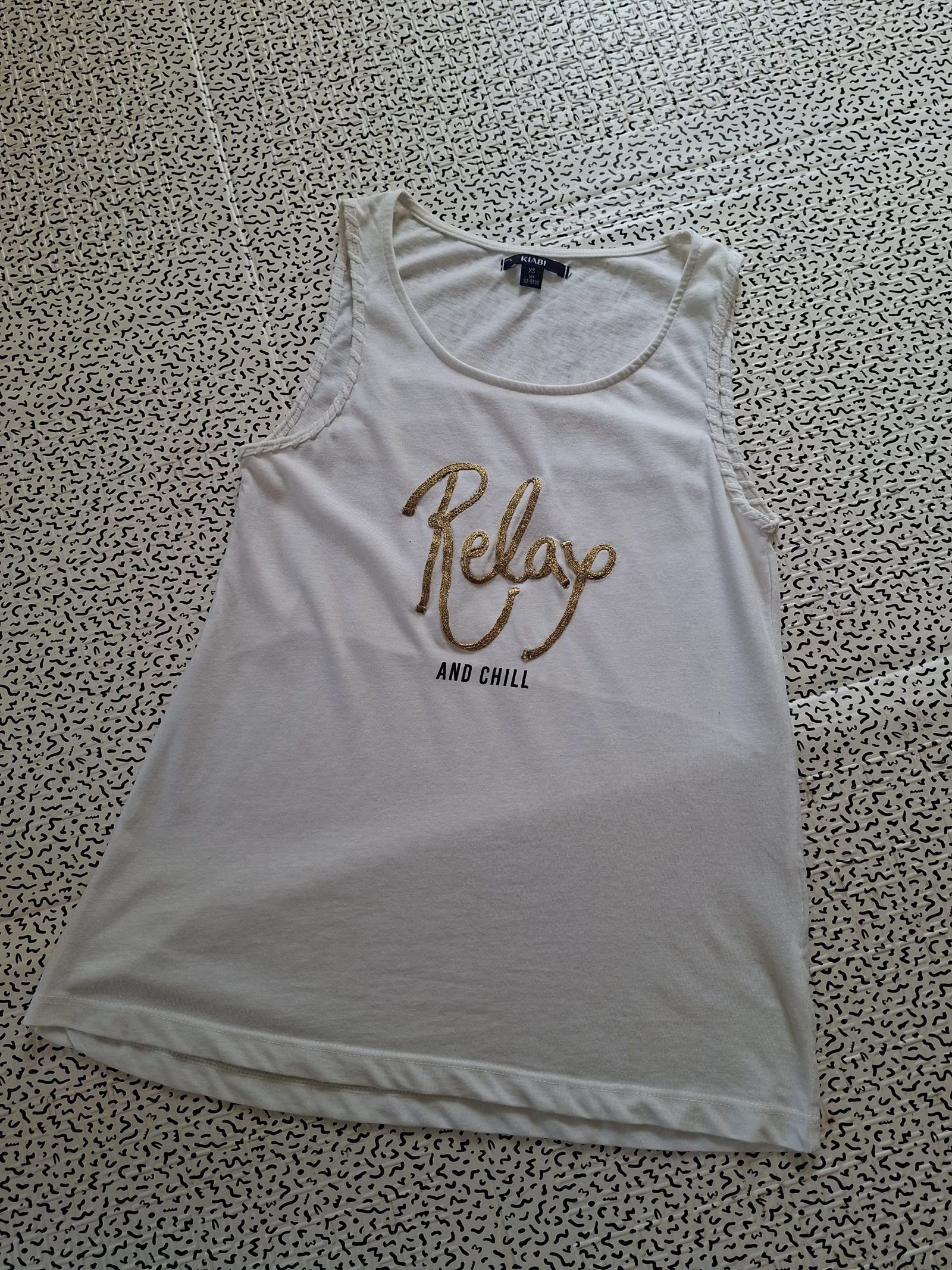 Débardeur Kiabi XS 14 ans blanc Relax And Chill broderie dorée sans manches fille été